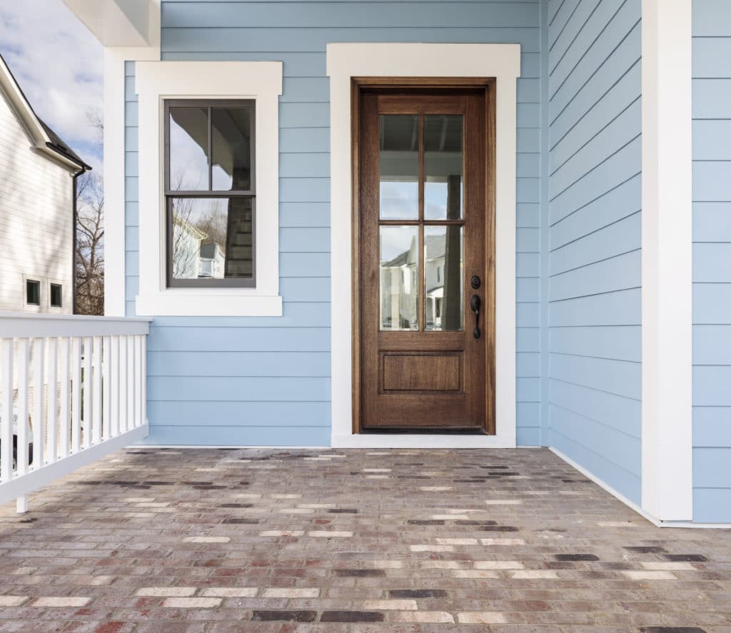 Front door, brown front door with light blue exterior